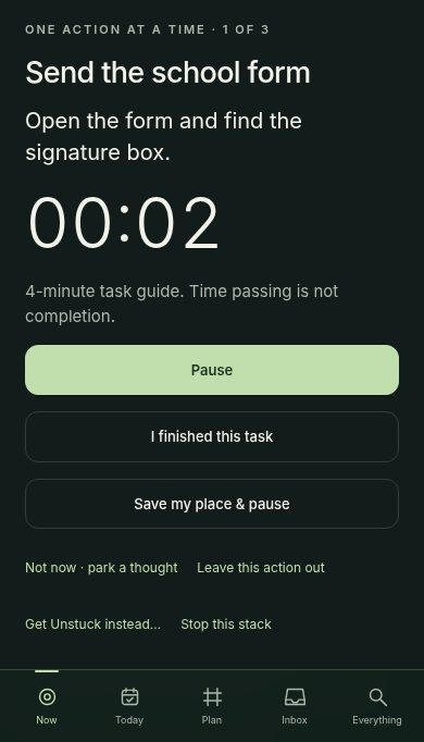 Earlier development prototype showing the example task Send the school form, a small first action, a timer, and pause controls