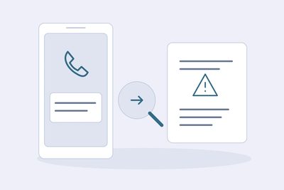 OpenCall concept illustration: a phone message beside a magnifier and warning signs