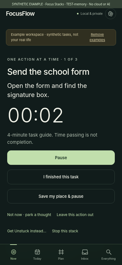 Earlier FocusFlow prototype showing the example task Send the school form, a small first action, a timer, and pause controls