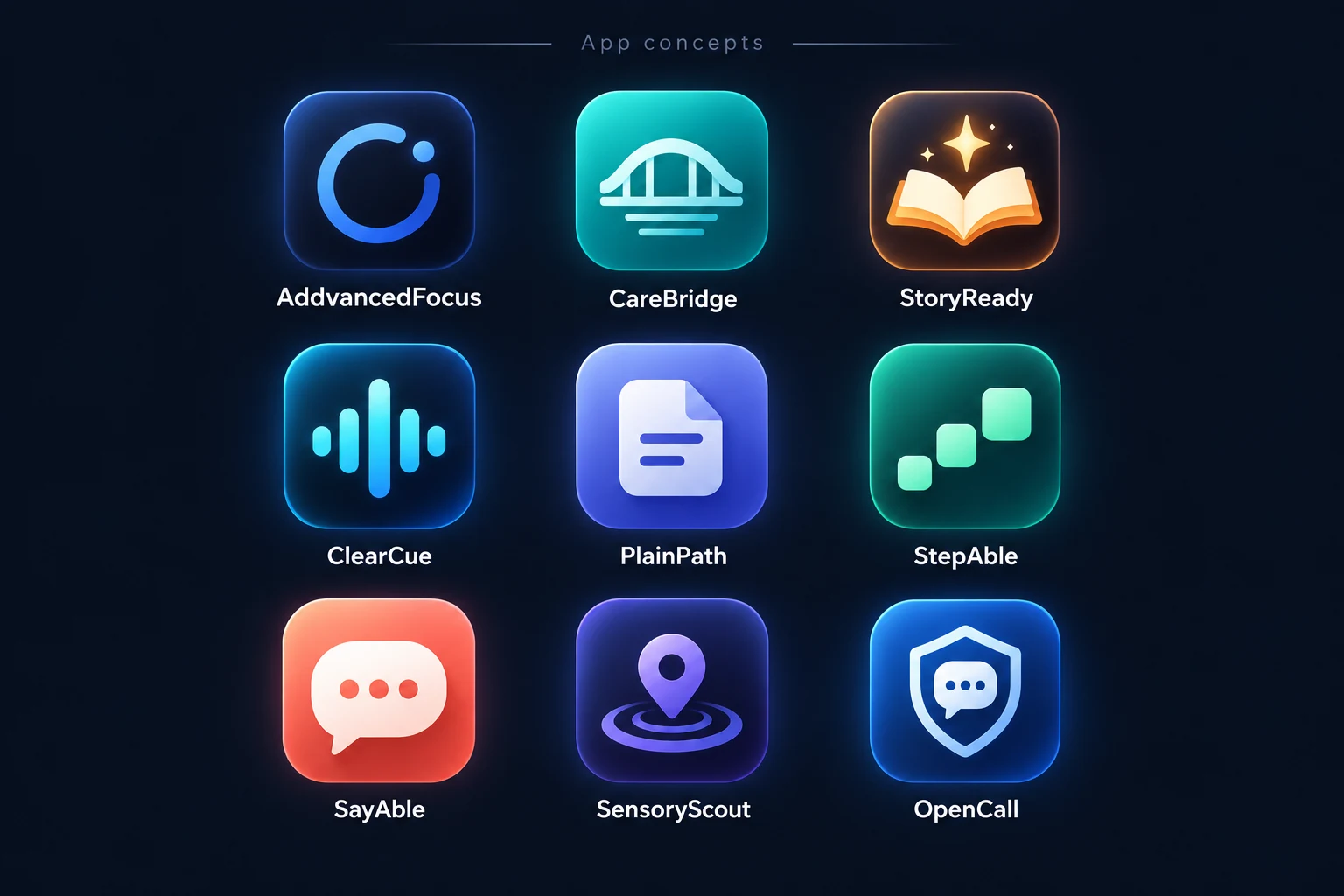 Concept logo collection: AddvancedFocus, CareBridge, StoryReady, ClearCue, PlainPath, StepAble, SayAble, SensoryScout, and OpenCall.