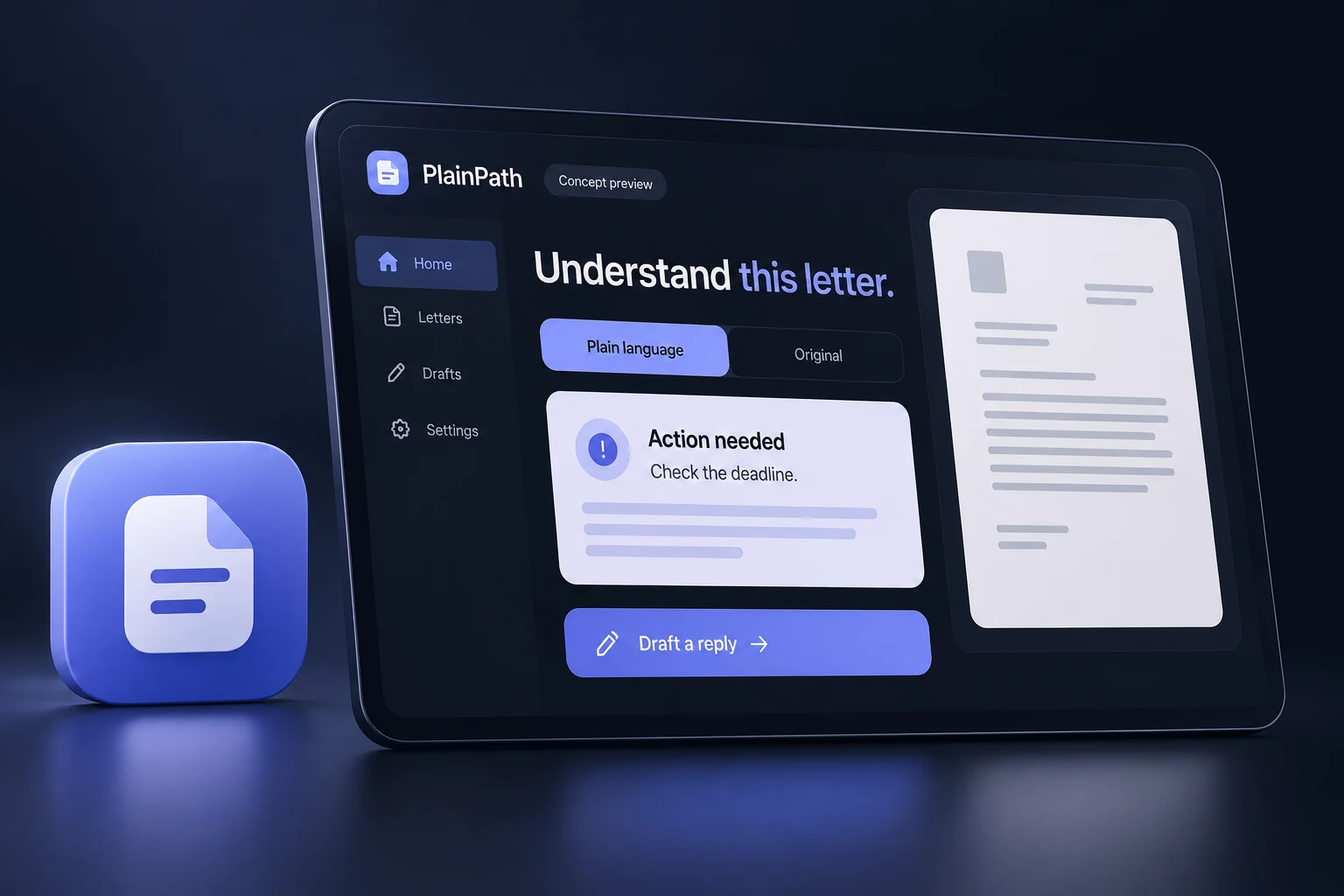 PlainPath concept interface and app icon. The planned workflow is described in the text below.