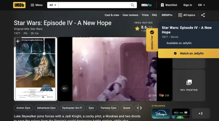 Legacy Jellyseerr-branded Super Seerr availability panel and watch action on an IMDb title page.